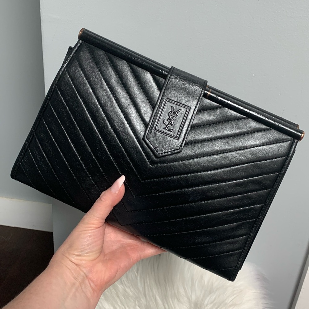 Authentic Yves Saint Laurent Chevron Leather XL black leather clutch